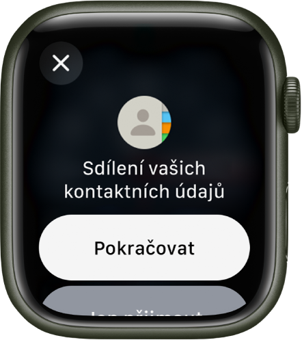Obrazovka NameDropu zobrazující dvě tlačítka: „Pokračovat“, které umožňuje přijímání kontaktů a sdílení vlastních kontaktních údajů; a „Jen přijmout“, které umožňuje jen přijímání kontaktních údajů jiných osob.