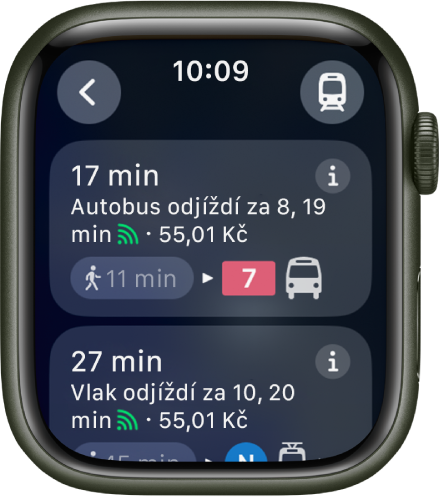 Aplikace Mapy s podrobnostmi o naplánované trase veřejnou dopravou. Vpravo nahoře se nachází tlačítko Způsob přepravy a vlevo nahoře tlačítko Zpět. Pod nimi zobrazují první dva úseky cesty – autobusem a vlakem – a související detaily.