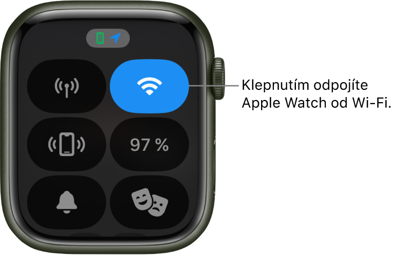 Ovládací centrum na Apple Watch (GPS + mobilní data) s tlačítkem Wi‑Fi vpravo nahoře. Popisek s textem „Klepnutím se odpojíte od Wi‑Fi“