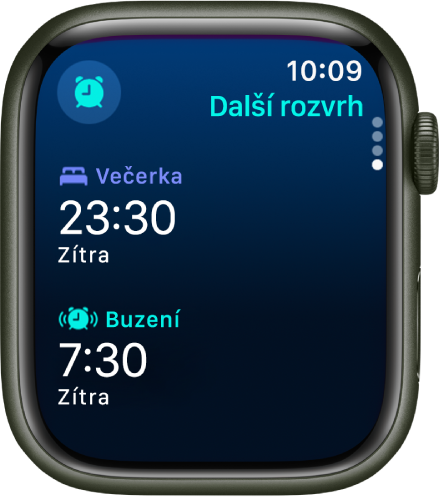 Aplikace Spánek na Apple Watch s večerním spánkovým rozvrhem. Nahoře je uveden čas Večerka a pod ním čas Buzení.