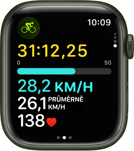 Probíhající cyklistický trénink zobrazující uplynulý čas tréninku, rychlost, průměrnou rychlost a tepovou frekvenci.