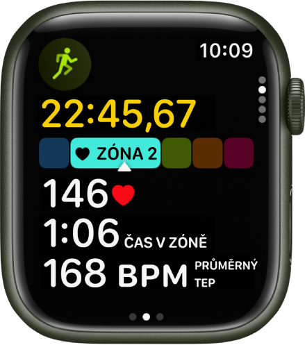 Při probíhajícím běžeckém tréninku se zobrazuje uplynulý čas cvičení, zóna, v níž se právě nacházíte, tepová frekvence, čas v zóně a průměrná tepová frekvence.
