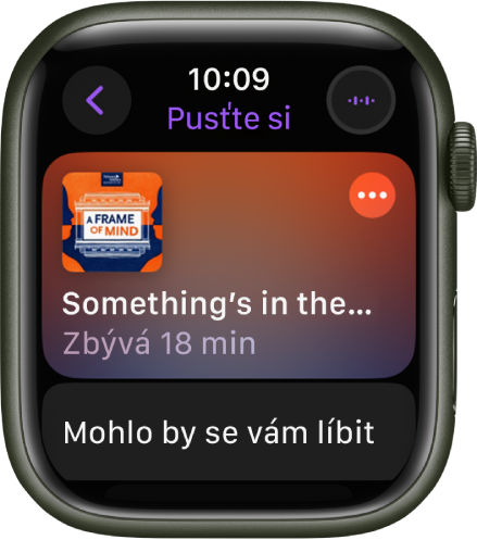 Obrazovka „Pusťte si“ v aplikaci Podcasty na Apple Watch s grafikou podcastu. Klepnutím na grafiku spustíte přehrávání dílu.