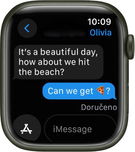 Apple Watch se zobrazenou konverzací v aplikaci Zprávy.