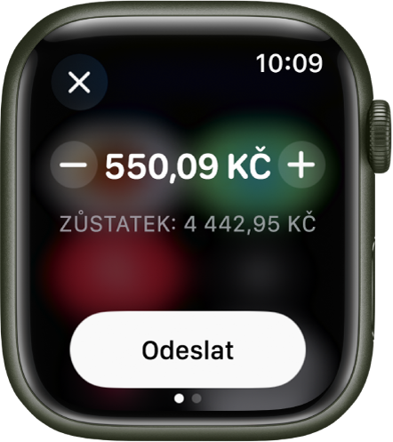 Obrazovka aplikace Zprávy s připravovanou platbou přes Apple Cash. Nahoře je uvedená částka v dolarech. Pod ní se zobrazuje aktuální zůstatek a dole tlačítko Odeslat.