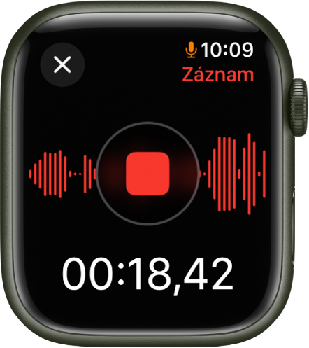 Aplikace Diktafon během nahrávání poznámky. Uprostřed se nachází červené tlačítko Zastavit. Pod ním se zobrazuje délka dosud pořízené nahrávky. Vpravo nahoře je vidět slovo Záznam.