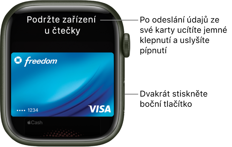 Obrazovka Apple Pay s textem „Podržte zařízení u čtečky“ v horní části; po odeslání údajů karty ucítíte jemné klepnutí a uslyšíte pípnutí