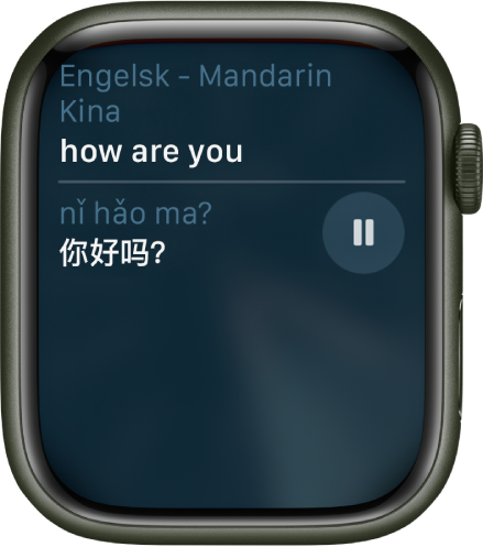 Siri-skærmen viser oversættelsen til kinesisk (mandarin) af “Hvordan siger man ‘Hvordan går det?’ på kinesisk?”