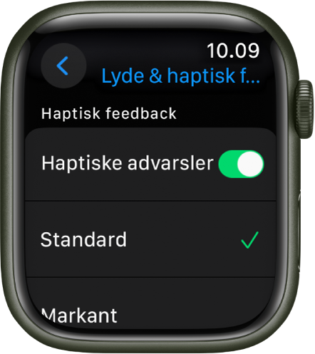 Indstillinger for Lyde & haptisk feedback på Apple Watch, med kontakten Haptiske advarsler og mulighederne Standard og Markant nedenunder.