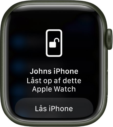 Skærmen på Apple Watch, der viser ordene “iPhone tilhørende John blev låst op af dette Apple Watch”. Knappen Lås iPhone vises nedenunder.