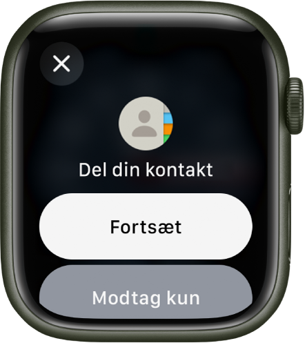 Skærmen NameDrop, der viser to knapper – Fortsæt, som giver dg mulighed for at modtage kontaktoplysninger og dele dine egne, og Modtag kun, så du kun modtager den anden persons kontaktoplysninger.