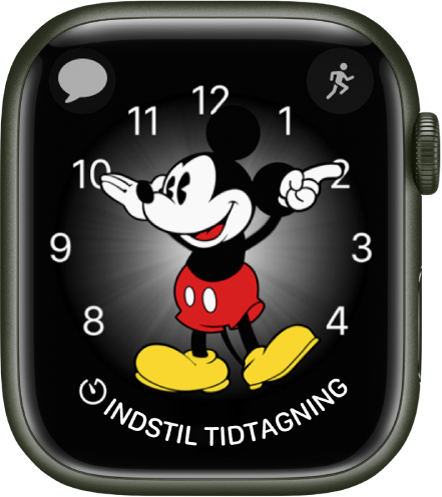 Urskiven Mickey Mouse, hvor du kan tilføje mange komplikationer. Den viser tre komplikationer: Beskeder øverst til venstre, Træning øverst til højre og Tidtagning nederst.