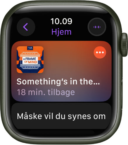 Appen Podcasts på Apple Watch viser skærmen Hjem med podcastens billede. Tryk på billedet for at afspille episoden.