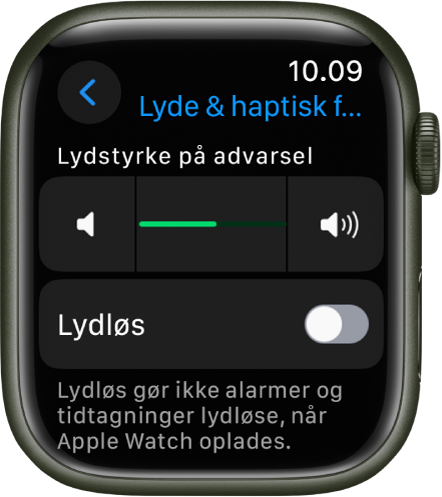 Indstillinger til Lyde & haptisk feedback på Apple Watch med mærket Lydstyrke på advarsel øverst og kontakten Lydløs nedenunder.