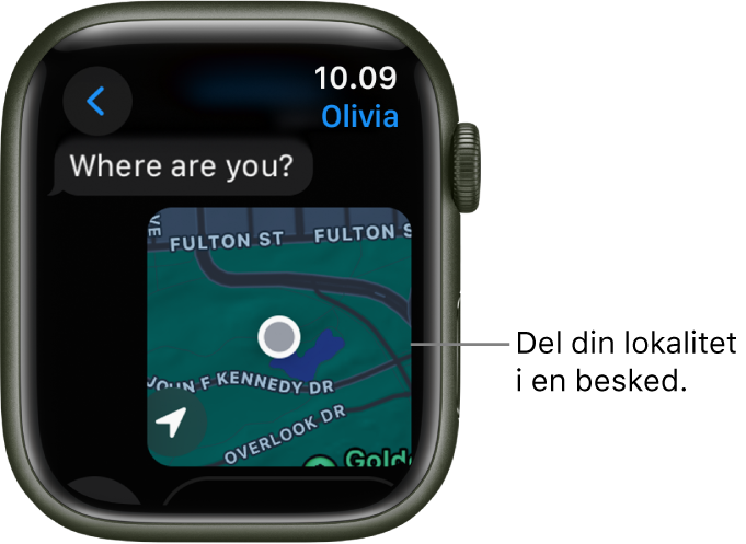Appen Beskeder, der viser et kort med en persons markerede lokalitet.