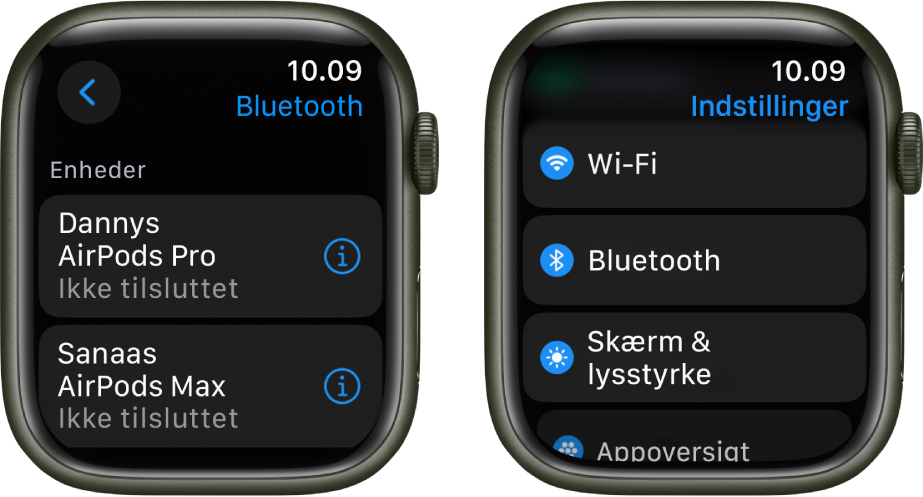 To skærme side om side Til venstre er der en skærm med to tilgængelige Bluetooth-enheder. AirPods Pro og AirPods Max; ingen af dem er tilsluttet. Til højre vises skærmen Indstillinger med knapperne Wi-Fi, Bluetooth, Skærm & lysstyrke og Appoversigt på en liste.