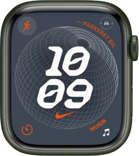 Urskiven Nike - globus viser et digitalt ur i midten med fire komplikationer. Træning øverst til venstre, Rutepunkt til parkeret bil øverst til højre, Tidtagning nederst til venstre og Musik nederst til højre.