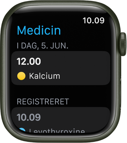 Appen Medicin, der viser en liste over planlagte og registrerede medikamenter.