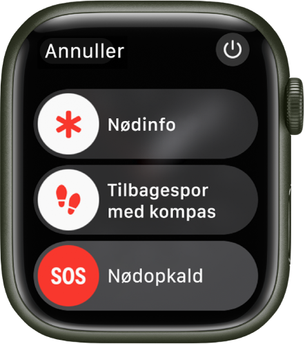 Der vises tre mærker på skærmen på Apple Watch: Nødinfo, appen Kompas med Find tilbage og Nødopkald SOS. Afbryderknappen er placeret øverst til højre.