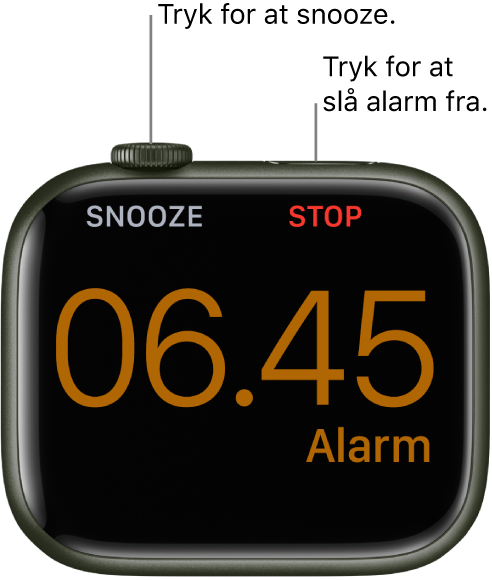 Et Apple Watch, der ligger på siden, hvor skærmen viser en alarm, der er i gang. Under Digital Crown er ordet ”Snooze”. Ordet ”Stop” er under sideknappen.