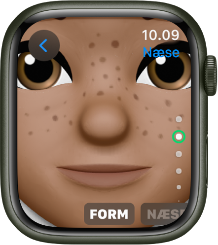 Appen Memoji på Apple Watch, som viser skærmen til redigering af næsen. Der er et nærbillede af ansigtet, som har fokus på næsen. Ordet Form vises forneden.