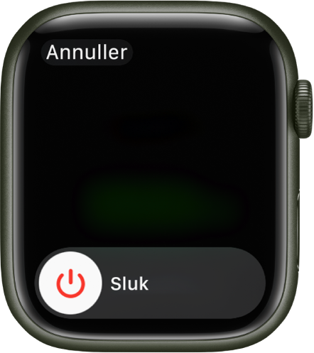 Skærmen på Apple Watch, der viser mærket Sluk. Træk mærket for at slukke Apple Watch.