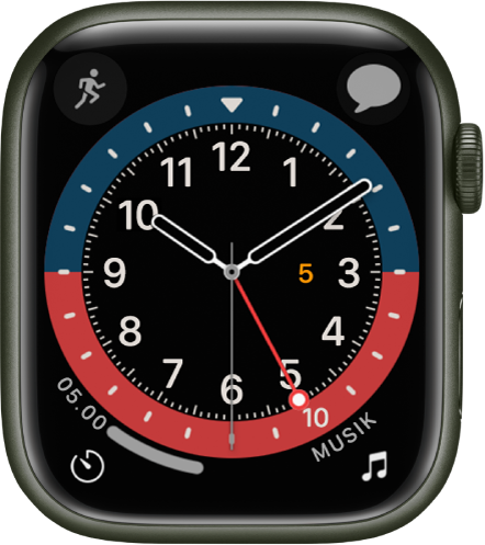 Urskiven GMT, hvor du kan justere urskivens farve. Den viser fire komplikationer: Træning øverst til venstre, Beskeder øverst til højre, Tidtagning nederst til venstre og Musik nederst til højre.