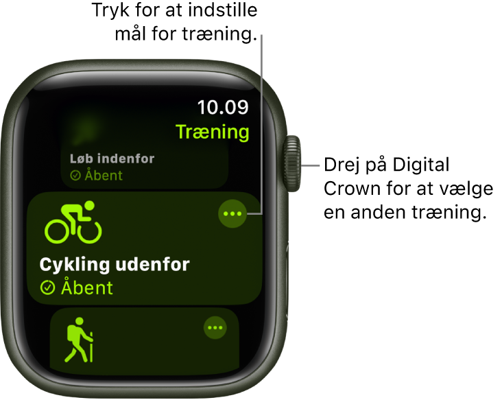 Skærmen Træning med træningen Cykling udenfor fremhævet. Øverst til højre for træningens navn vises knappen Mere.