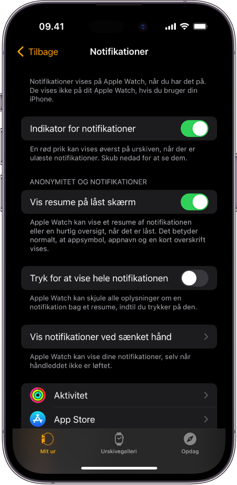 Skærmen Notifikationer i appen Watch på iPhone, som viser kilder til notifikationer.