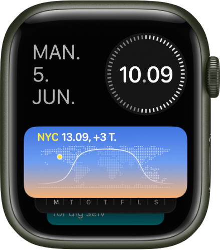 Smart stak på Apple Watch viser tre widgets. Dag og dato øverst til venstre, digital tid øverst til højre og Verdensur i midten.