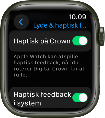 Skærmen Haptisk på Crown viser, at Haptisk på Crown er slået til. Kontakten Haptisk feedback i system vises nedenunder.