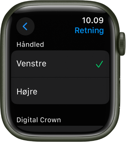 Skærmen Retning på Apple Watch. Du kan indstille retning for håndled og for Digital Crown.