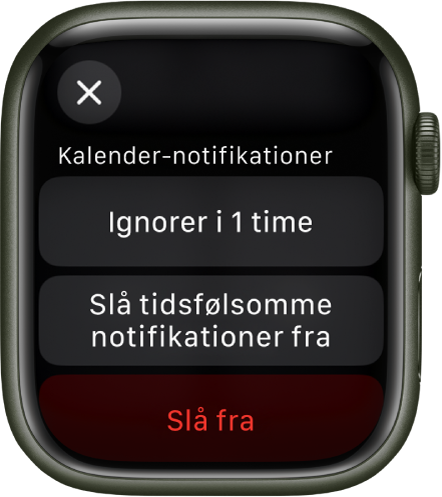 Notifikationsindstillinger på Apple Watch. Den øverste knap viser “Lydløs 1 time”. Nedenunder er knapperne Slå tidsfølsomme notifikationer fra og Slå fra.