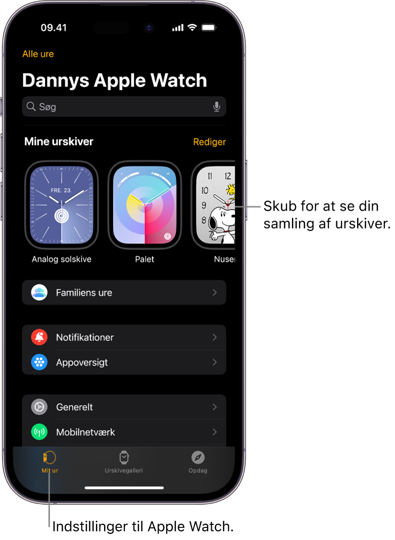 Appen Watch på iPhone med skærmen Mit ur, hvor der vises urskiver øverst og indstillinger nedenunder. Der er tre faner nederst på skærmen i appen Watch: Fanen til venstre er Mit ur, som du bruger til indstilling af Apple Watch. Den næste er Urskivegalleri, hvor du kan se de tilgængelige urskiver og komplikationer, og så kommer fanen Opdag, hvor du kan få mere at vide om Apple Watch.