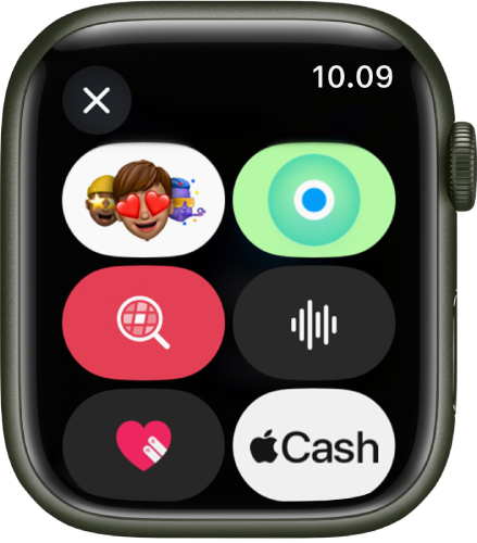 Skærmen Beskeder, som viser knappen Apple Cash sammen med knapperne Memoji, Lokalitet, GIF, Lyd og Digital Touch.