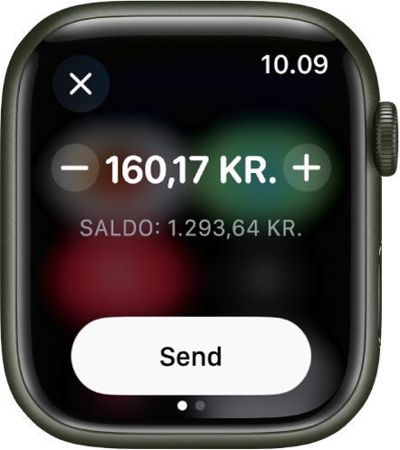 Skærmen Beskeder viser, at der forberedes en Apple Cash-betaling. Øverst vises et beløb i dollar. Den aktuelle saldo vises nedenunder, og knappen Send ses nederst.