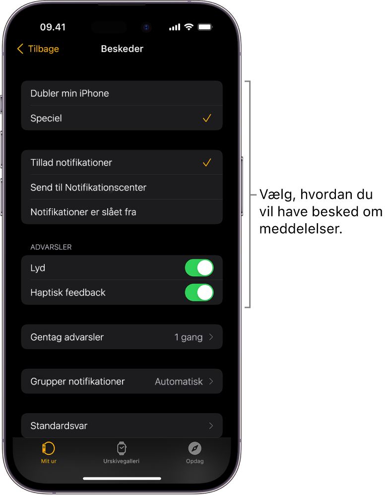 Indstillinger til Beskeder i appen Watch på iPhone. Du kan vælge, om du vil have vist advarsler, slå lyden til, slå haptisk feedback til og gentage advarsler.