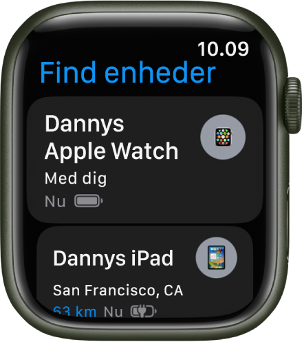 Appen Find enheder viser to enheder – et Apple Watch og en iPad.