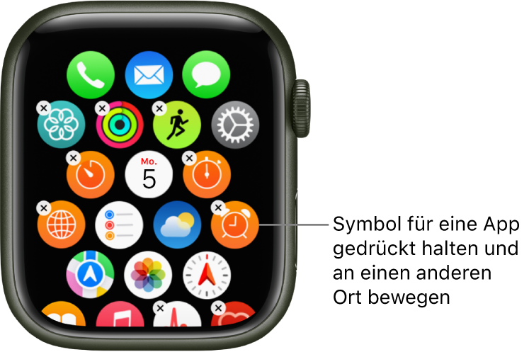 Home-Bildschirm auf der Apple Watch in der Rasterdarstellung.