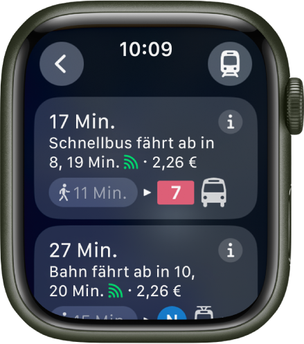 Die App „Karten“ mit den Details für eine ÖPNV-Fahrt. Die Taste „Fortbewegungsart“ befindet sich oben rechts und die Taste „Zurück“ oben links. Darunter werden die ersten beiden Abschnitte der Fahrt – eine Busfahrt und eine Zugfahrt – sowie Details zu jedem Abschnitt angezeigt.