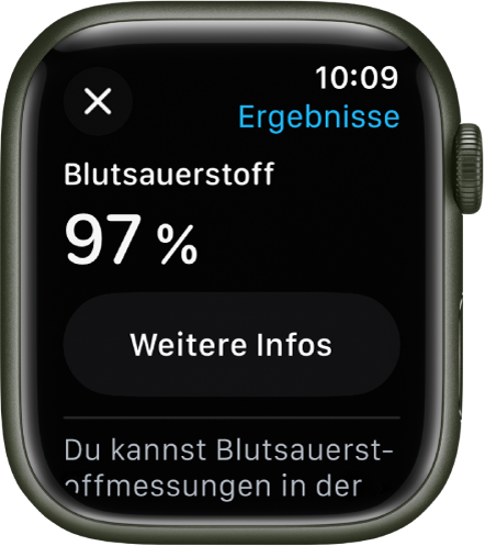 Die Ergebnisse der App „Blutsauerstoff“ zeigen eine Sauerstoffsättigung im Blut von 97 Prozent. Darunter befindet sich die Taste „Weitere Infos“.