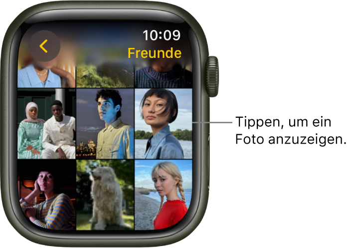 Der Hauptbildschirm der App „Fotos“ auf der Apple Watch mit mehreren Fotos in einem Raster.