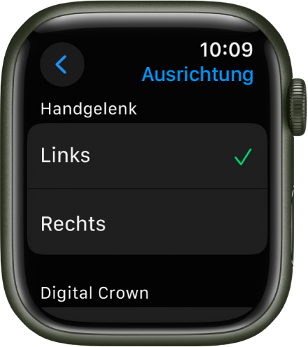 Die Anzeige „Ausrichtung“ auf der Apple Watch. Du kannst die Einstellungen für Handgelenk und Digital Crown ändern.