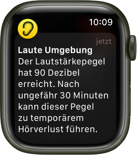 Apple Watch, auf der eine Geräuschpegelwarnung zu sehen ist. Das Symbol für die App, zu der die Mitteilung gehört, wird oben links angezeigt. Du kannst darauf tippen, um sie in der App zu öffnen.