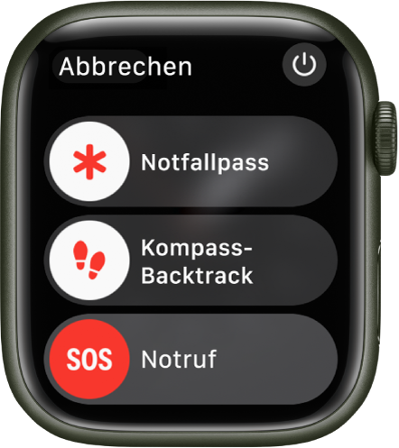 Display der Apple Watch mit drei Reglern: „Notfallpass“, „Kompass-Backtrack“ und „Notruf“. Oben rechts befindet sich die Taste „Ausschalten“.