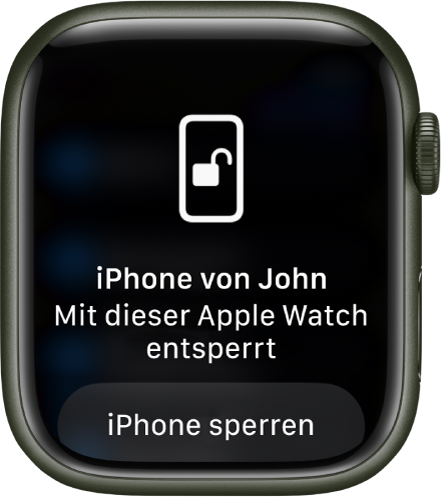 Display der Apple Watch mit der Nachricht „Christians iPhone von dieser Apple Watch entsperrt“ Darunter ist die Taste „iPhone sperren“ zu sehen.