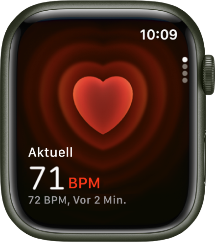 Die App „Herzfrequenz“ mit deiner aktuellen Herzfrequenz unten links und der zuletzt erfassten Frequenz in kleinerer Schrift darunter.
