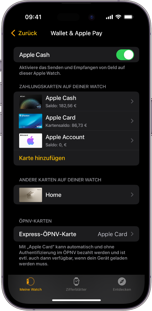 Bildschirm „Wallet & Apple Pay“ in der Apple Watch-App auf dem iPhone. Es werden die Karten angezeigt, die du zur Apple Watch hinzugefügt hast, und die Karte, die du für Express-ÖPNV ausgewählt hast.