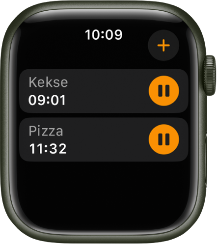 Zwei Timer in der App „Timer“. Oben befindet sich der Timer „Pizza“. Darunter ist der Timer „Barbecue“. Jeder Timer zeigt die verbleibende Zeit unter dem Namen des Timers sowie rechts neben dem Timer eine Pausetaste. Oben rechts befindet sich die Taste „Hinzufügen“.