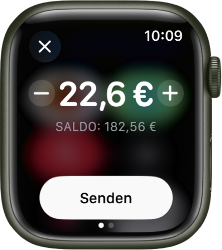 Eine Anzeige in der App „Nachrichten“ zur Vorbereitung der Zahlung mit Apple Cash. Oben befindet sich ein Dollarbetrag. Darunter steht das aktuelle Guthaben und unten befindet sich die Taste „Senden“.